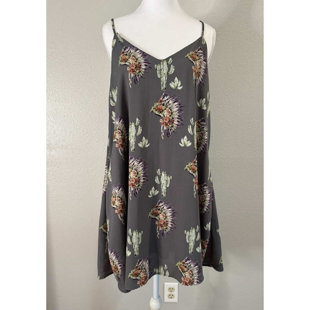 Peach Love California Boho Cactus‎ Western Headdress Mini Swing Dress Pockets S